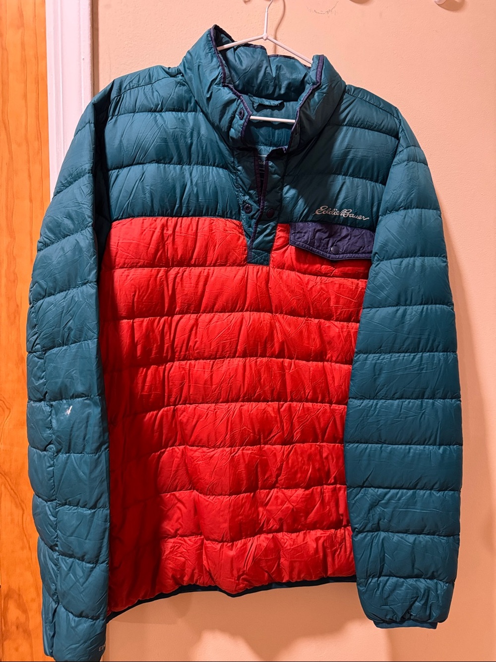 Eddie Bauer Jacket Mens Large Orange Down Puffer Snap Pullover Large